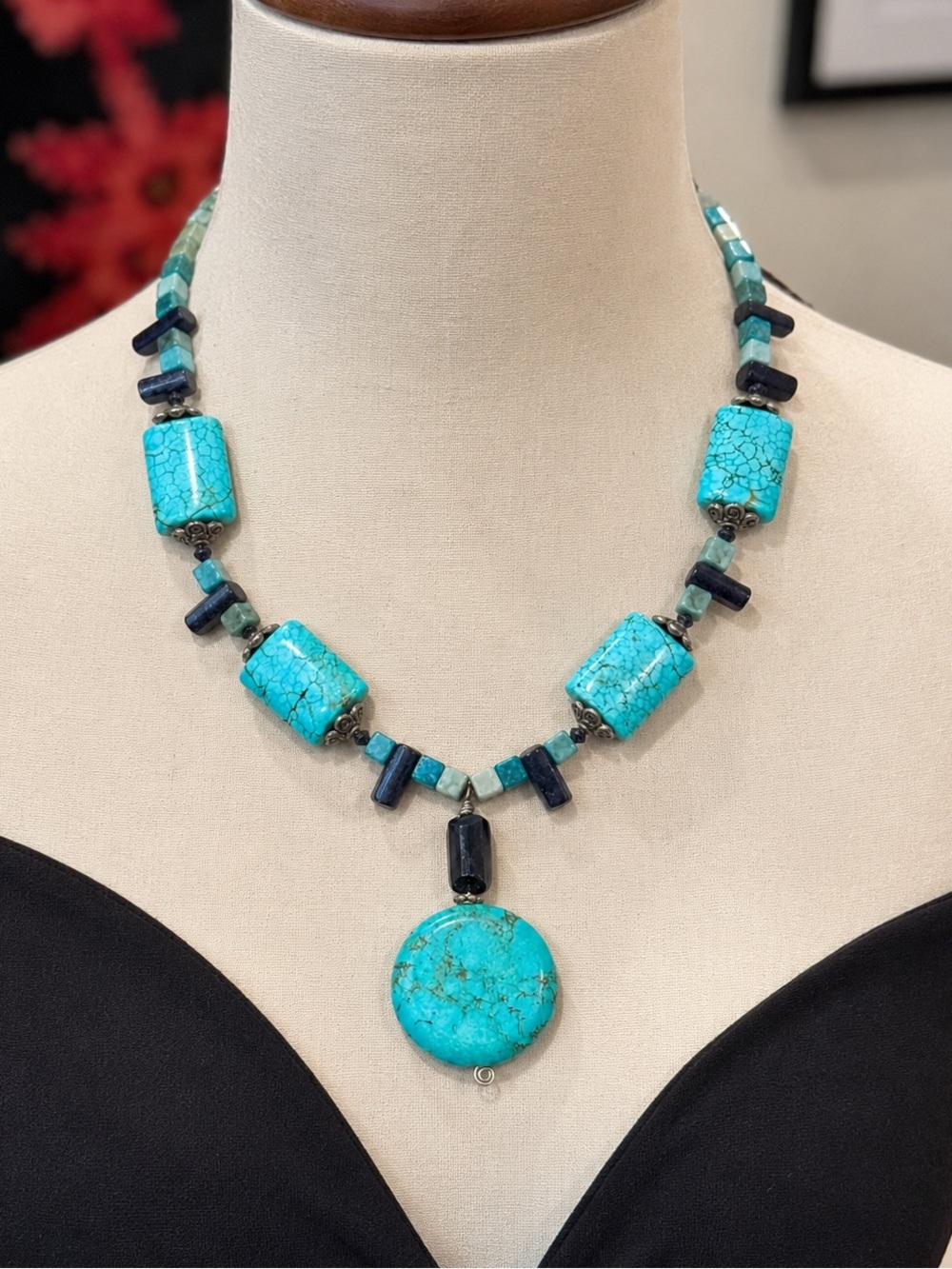Handmade Turquoise & Black Onyx Statement Necklace Artisan Gemstone